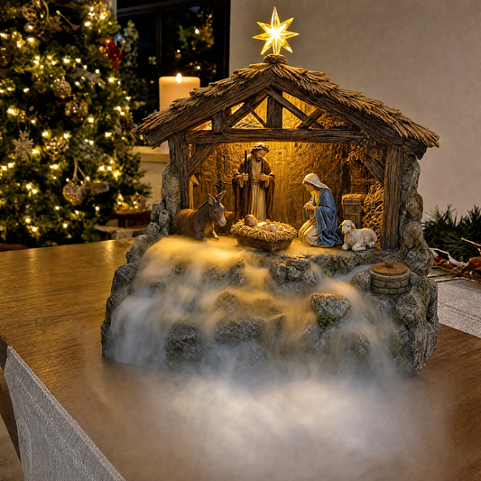 HolyMist Nativity aroma humidifier with soft mist rolling from the stable