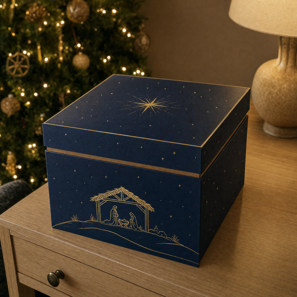 HolyMist gift box in midnight navy with gold stars