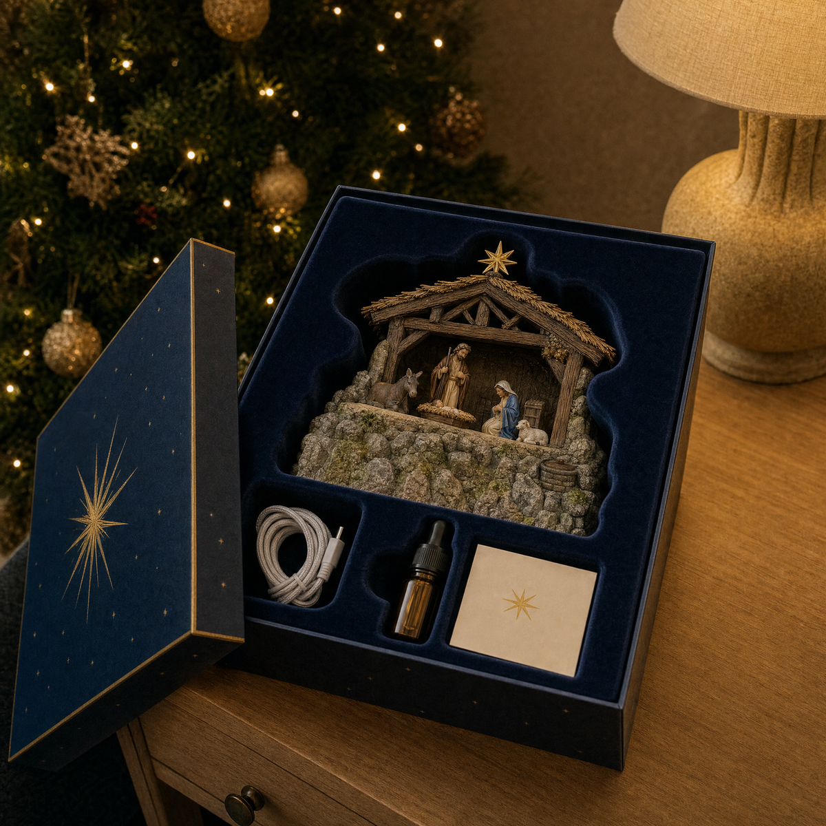 Inside the HolyMist gift box: humidifier, cable and dropper bottle