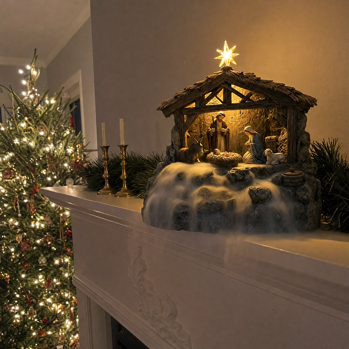 HolyMist on a mantel at Christmas