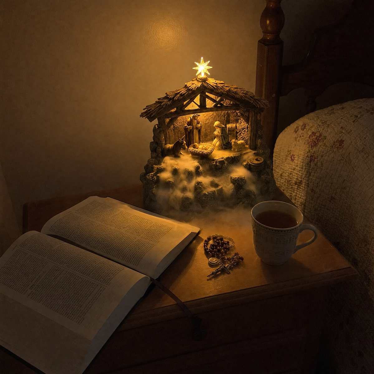 HolyMist glowing on a nightstand